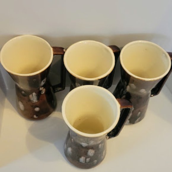Set of 4 Vintage Tall Hourglass Brown Pottery Drip Glaze Coffee Mug Cup - Picture 2 of 5